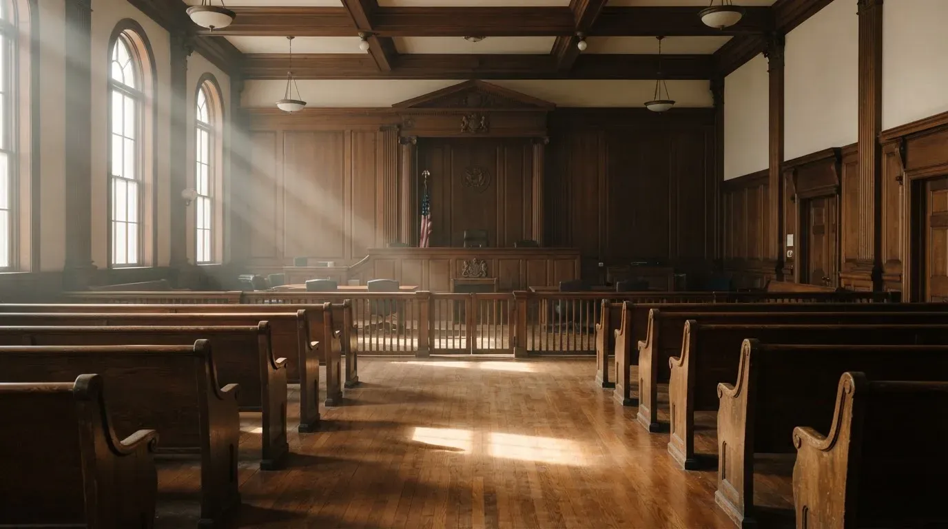 An empty courtroom with wooden benches in morning light