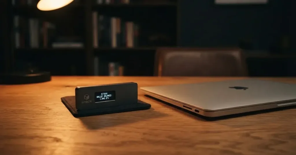 A hardware wallet and a closed laptop on a desk in dim light