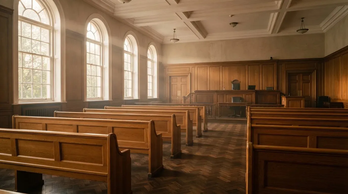 An empty courtroom with wooden benches in morning light