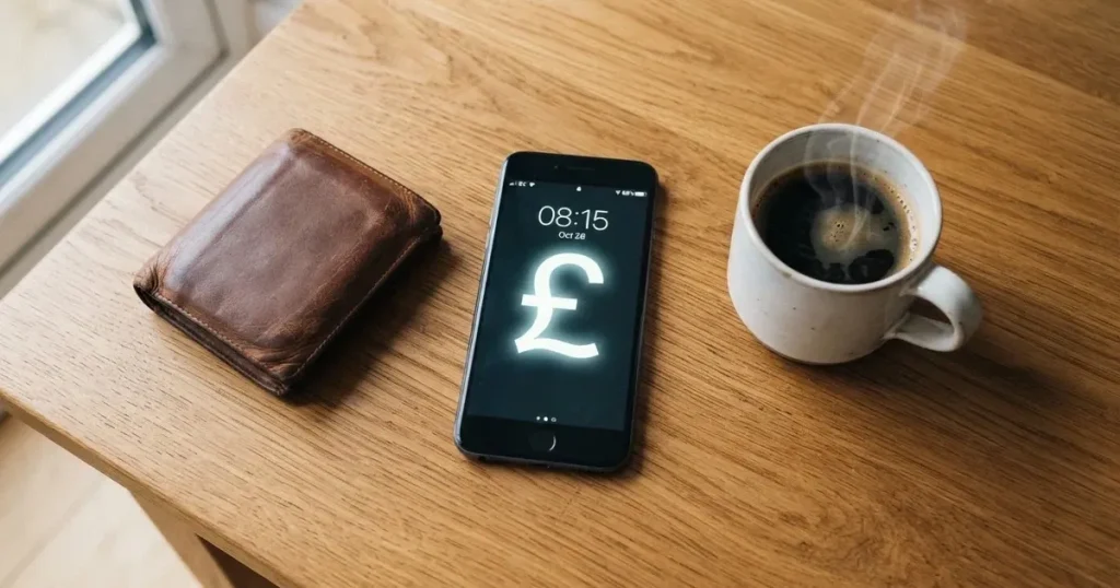 A smartphone on a wooden table beside a wallet and a coffee cup