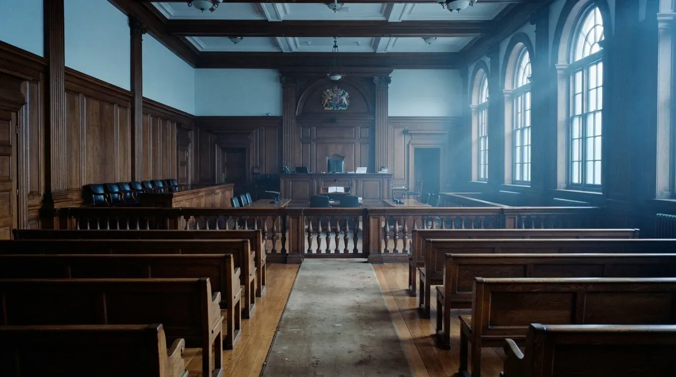 An empty courtroom with wooden benches in morning light
