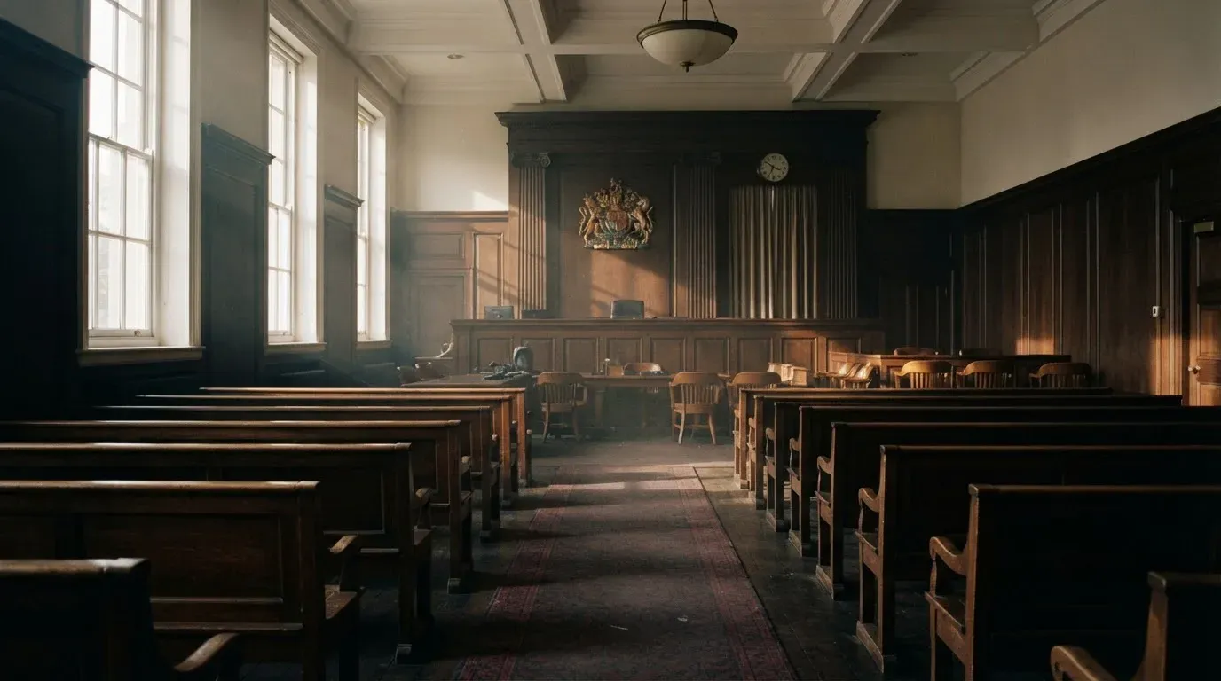An empty courtroom with wooden benches in morning light