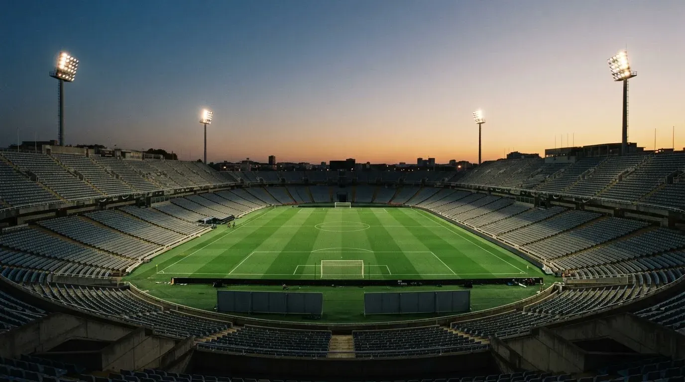 An empty football stadium with floodlight masts at dusk