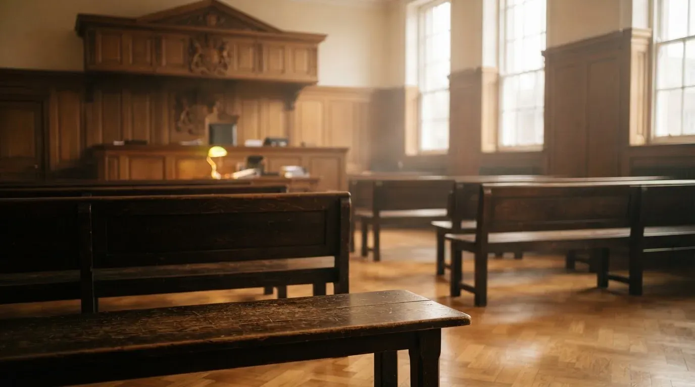 An empty courtroom with wooden benches in morning light
