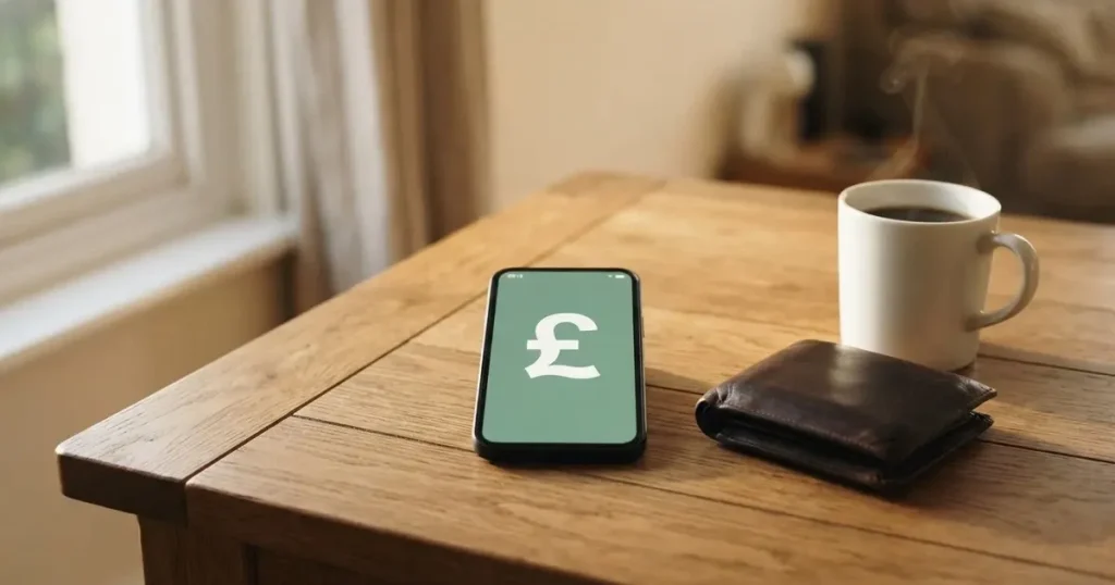A smartphone on a wooden table beside a wallet and a coffee cup