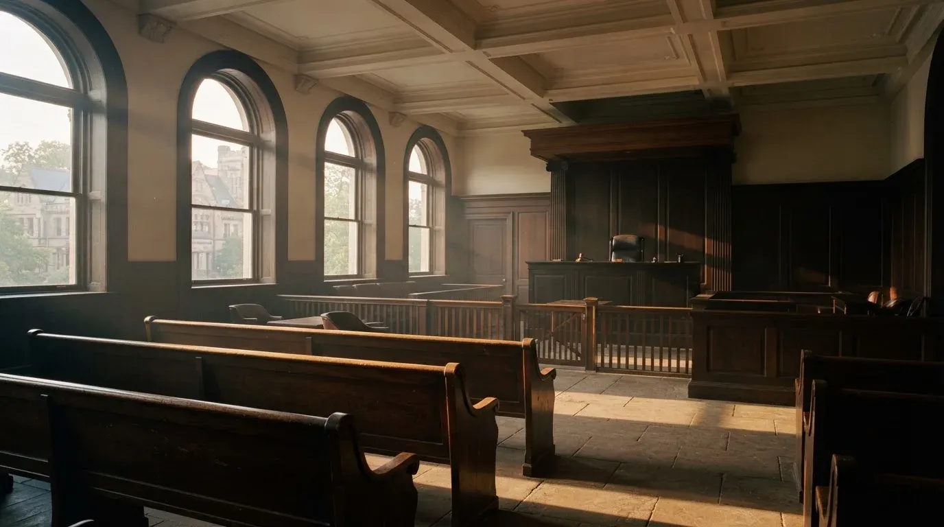 An empty courtroom with wooden benches in morning light