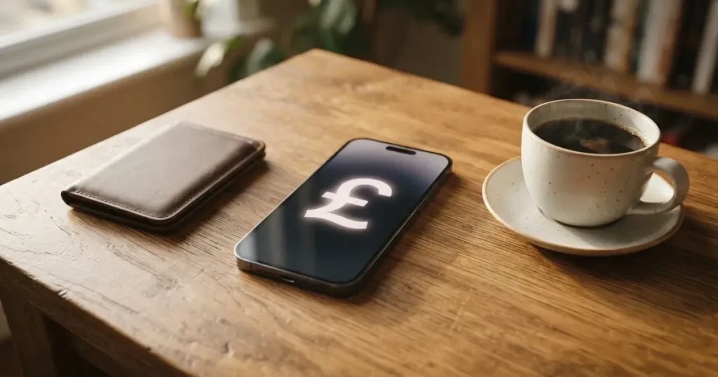 A smartphone on a wooden table beside a wallet and a coffee cup