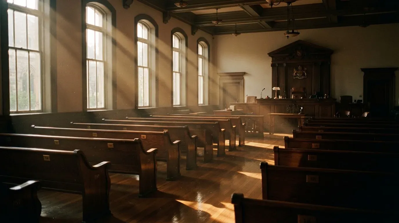 An empty courtroom with wooden benches in morning light
