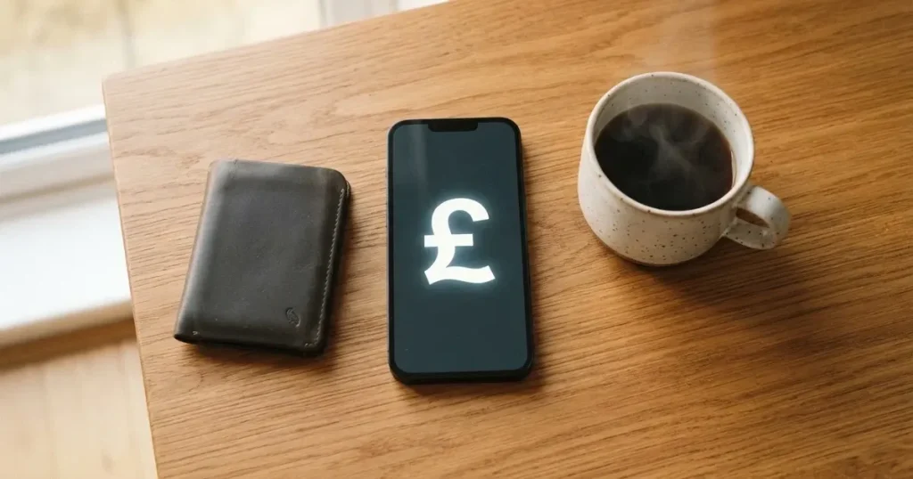A smartphone on a wooden table beside a wallet and a coffee cup