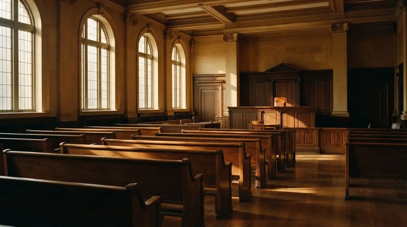 An empty courtroom with wooden benches in morning light