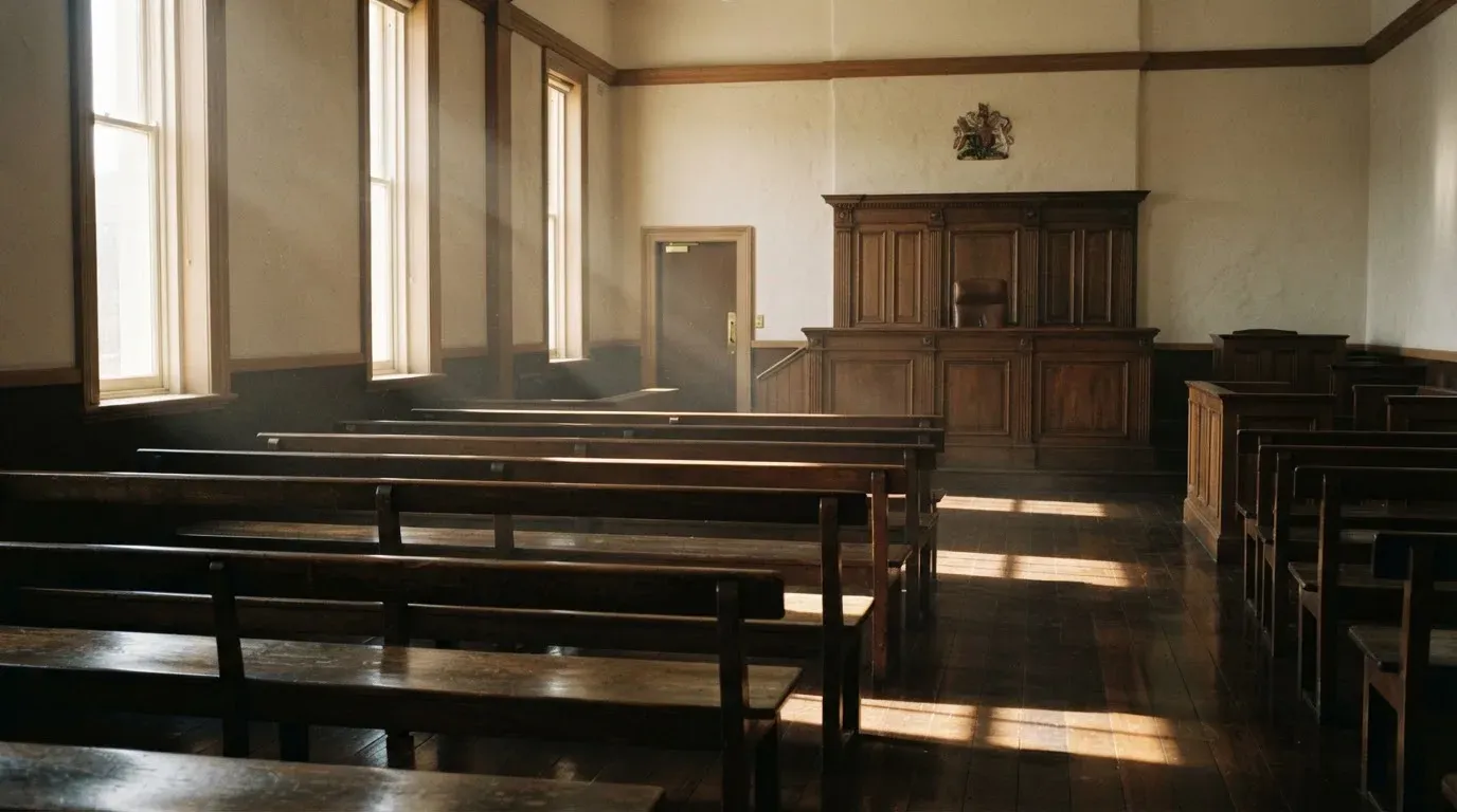 An empty courtroom with wooden benches in morning light