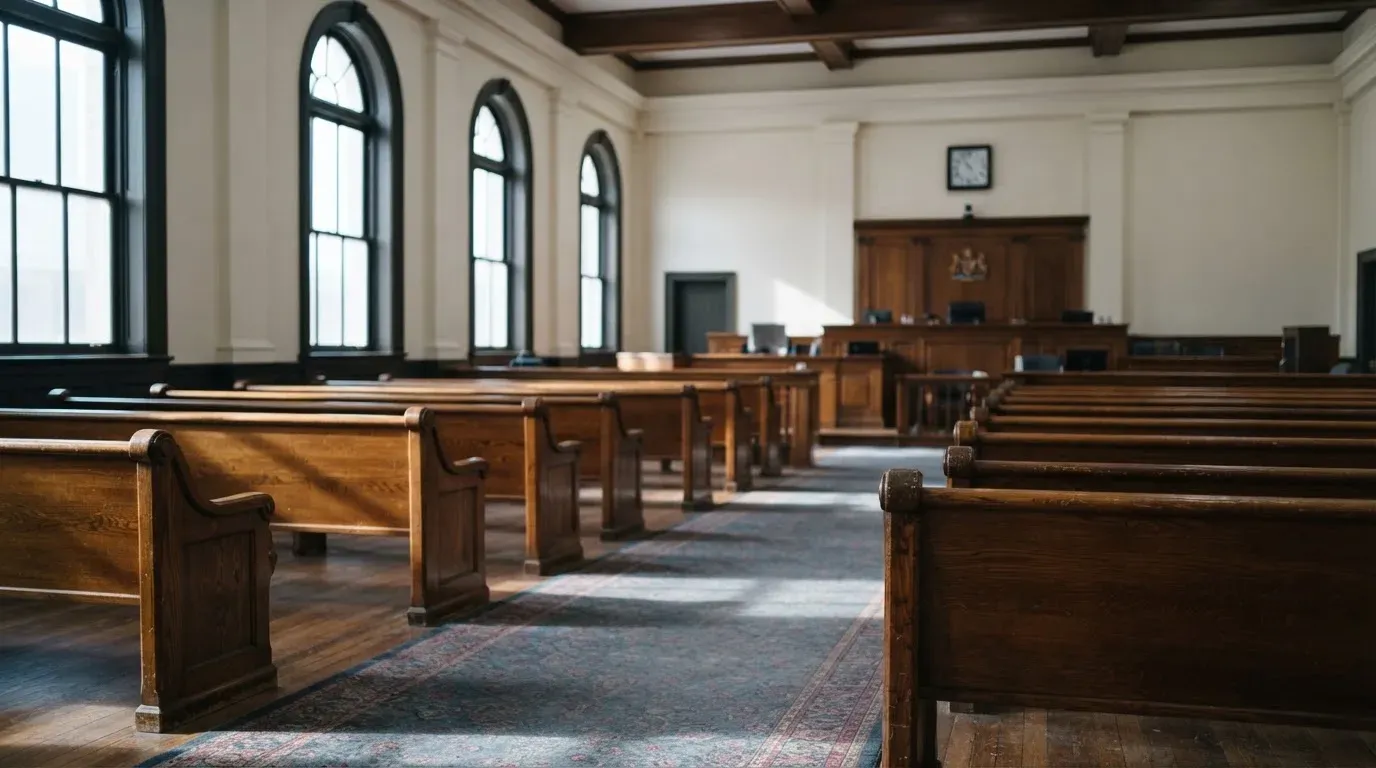 An empty courtroom with wooden benches in morning light