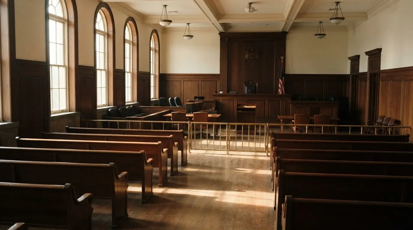 An empty courtroom with wooden benches in morning light