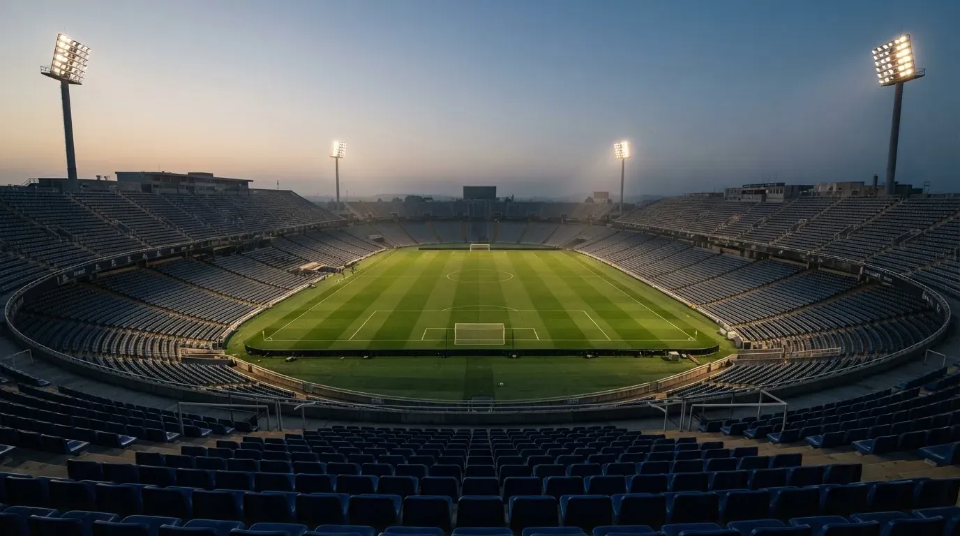 An empty football stadium with floodlight masts at dusk