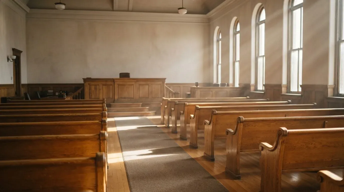 An empty courtroom with wooden benches in morning light