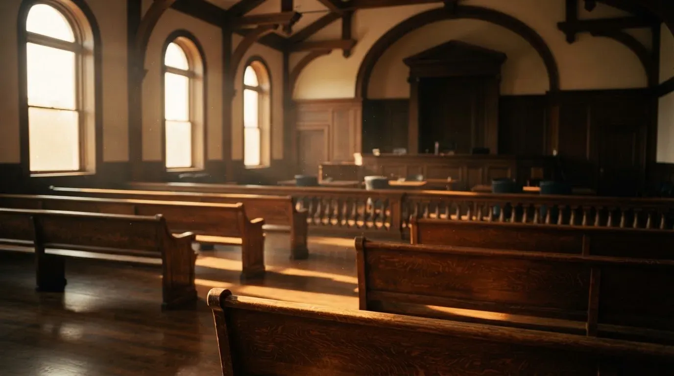 An empty courtroom with wooden benches in morning light