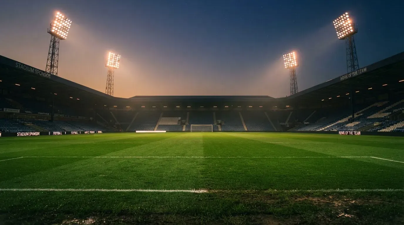 An empty football stadium with floodlight masts at dusk