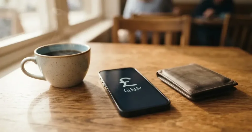 A smartphone on a wooden table beside a wallet and a coffee cup