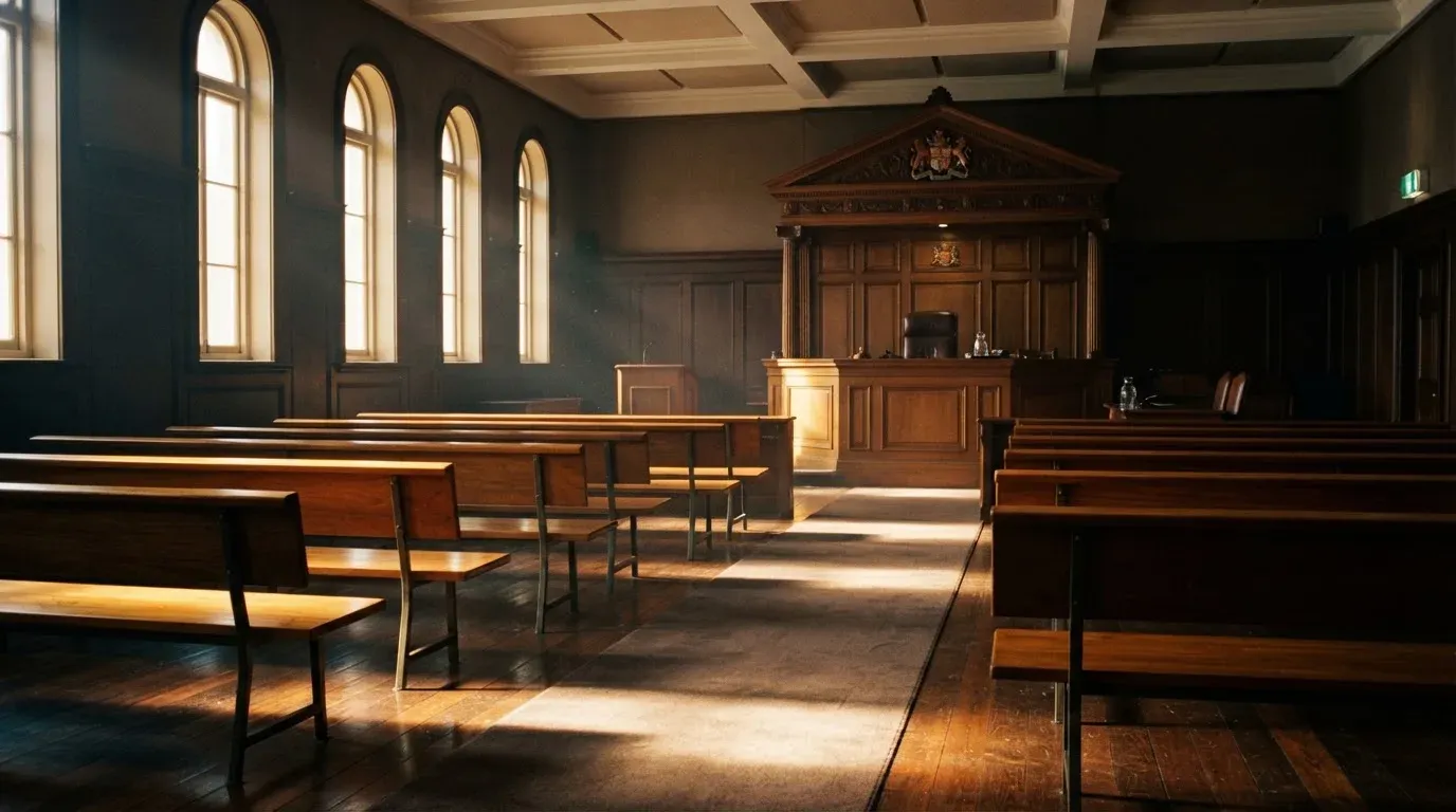 An empty courtroom with wooden benches in morning light