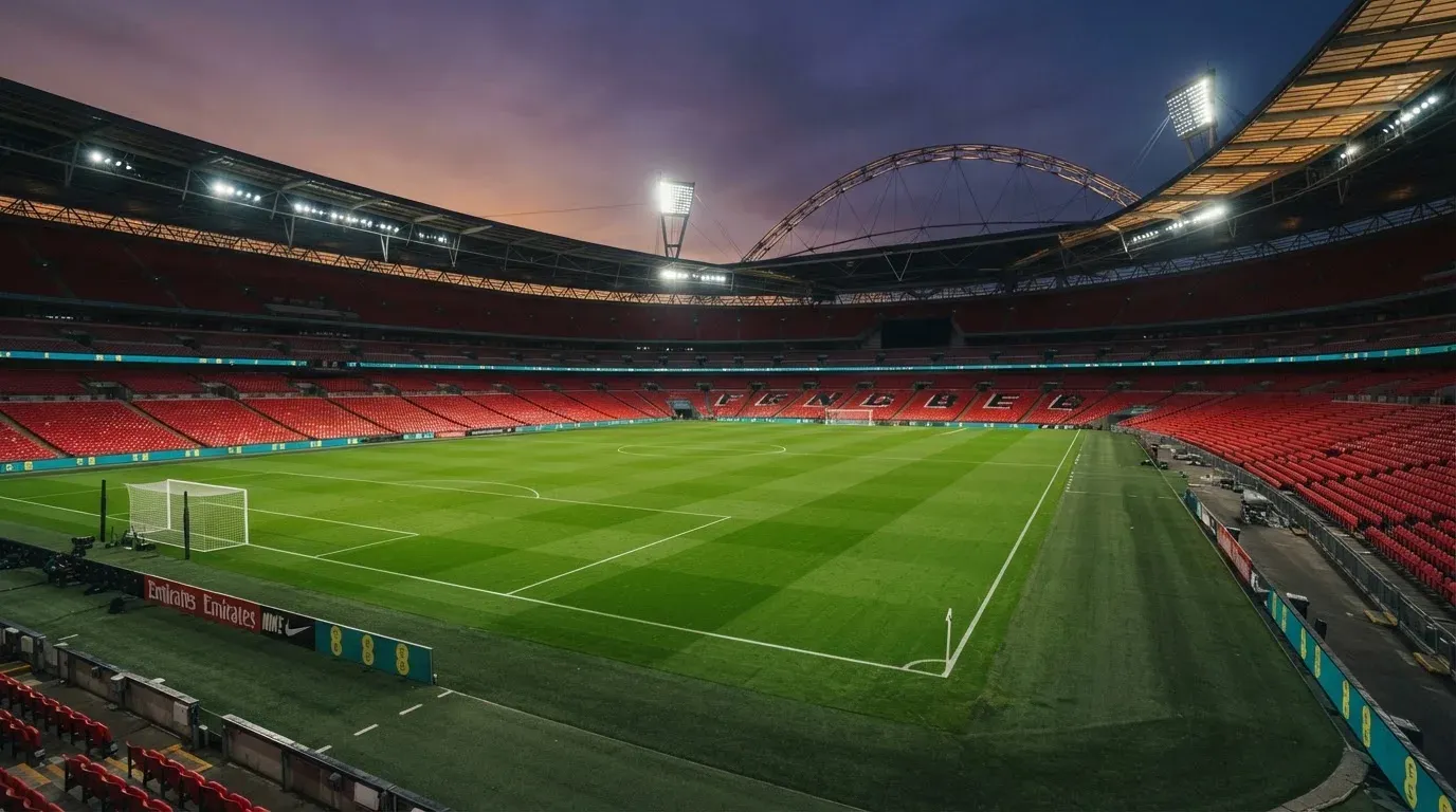 An empty football stadium with floodlight masts at dusk