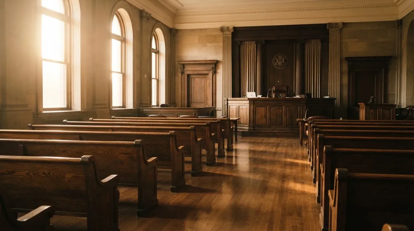An empty courtroom with wooden benches in morning light