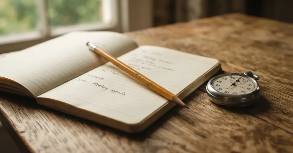 An open notebook with a pencil and a stopwatch on a wooden table
