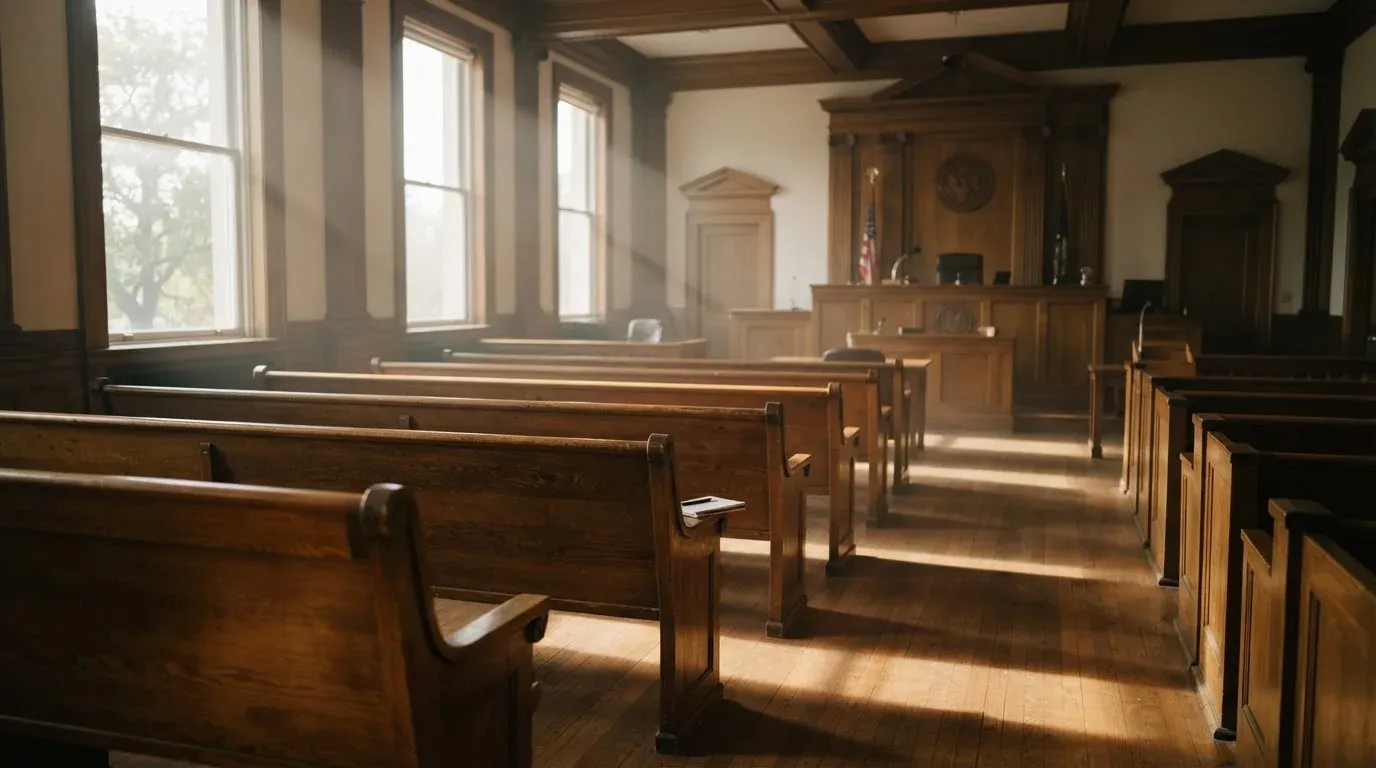 An empty courtroom with wooden benches in morning light