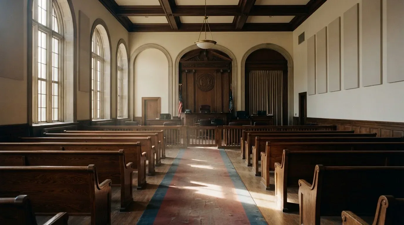 An empty courtroom with wooden benches in morning light