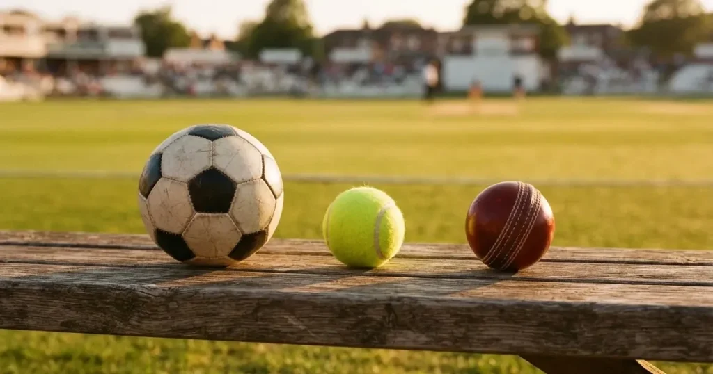 Three balls of different kinds side by side on a wooden bench