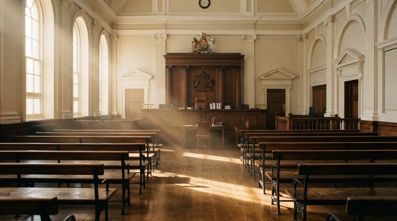 An empty courtroom with wooden benches in morning light