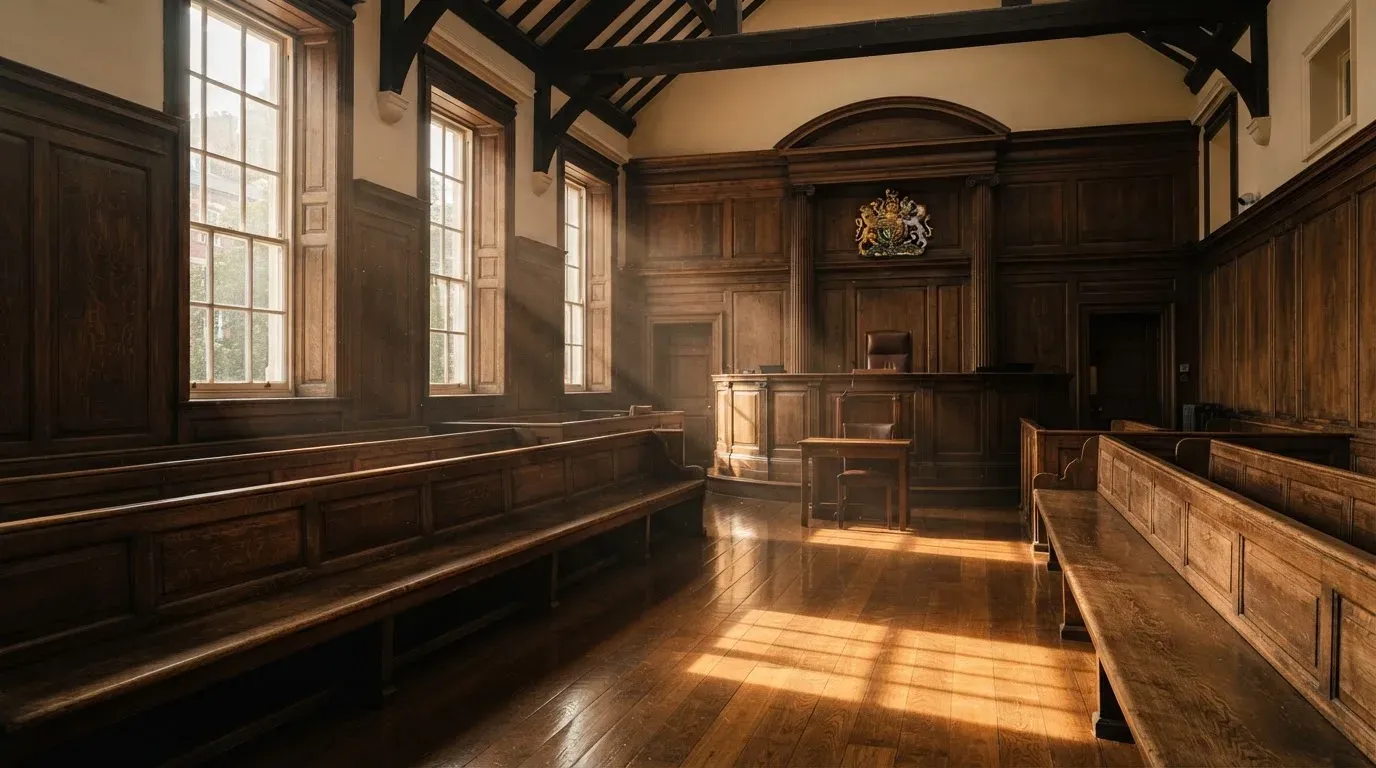 An empty courtroom with wooden benches in morning light