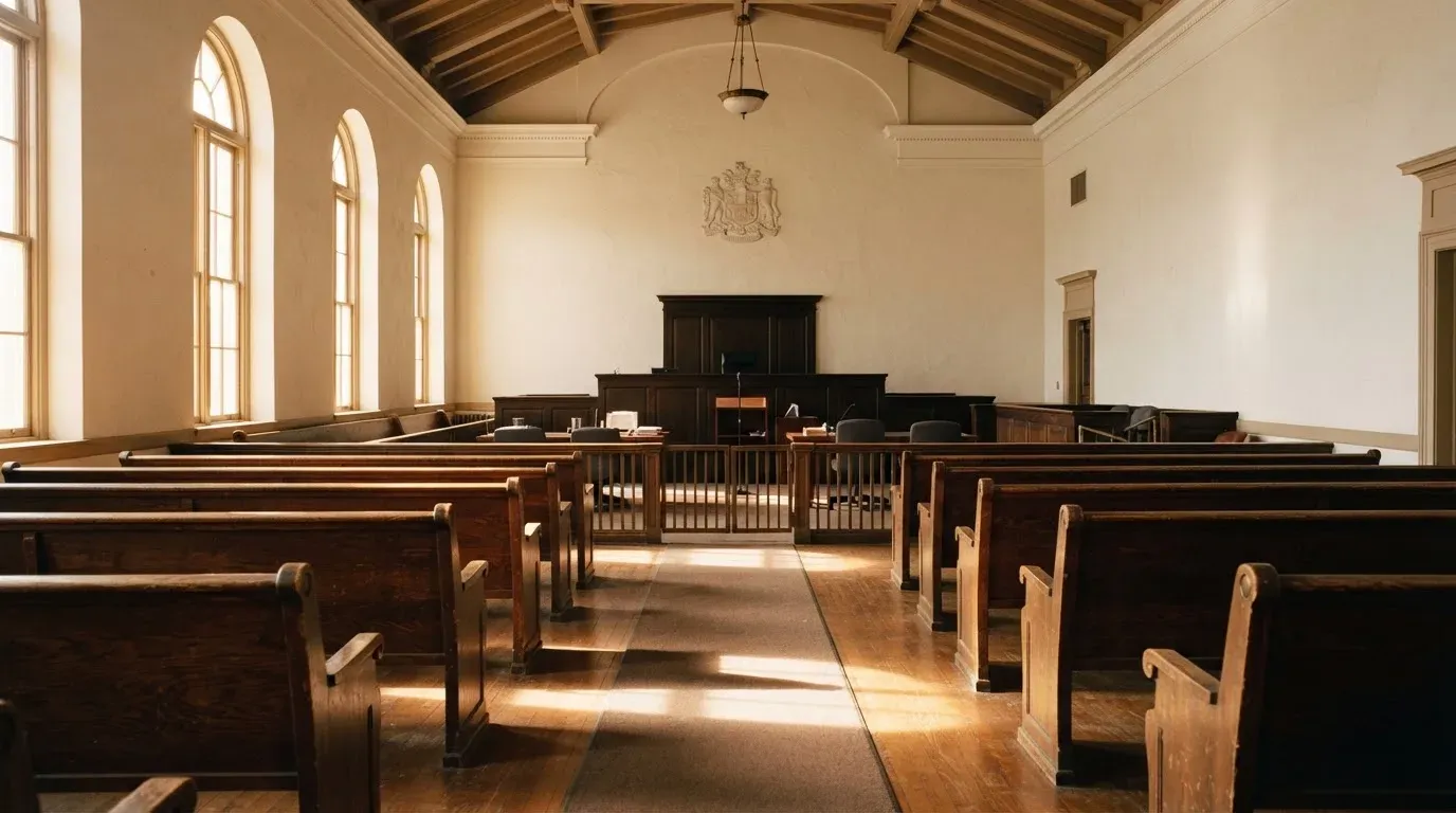 An empty courtroom with wooden benches in morning light