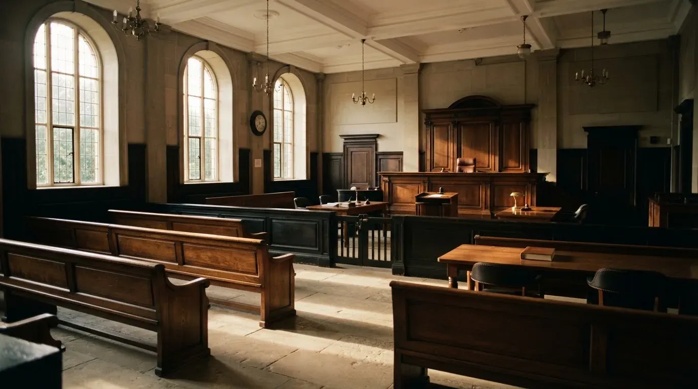 An empty courtroom with wooden benches in morning light