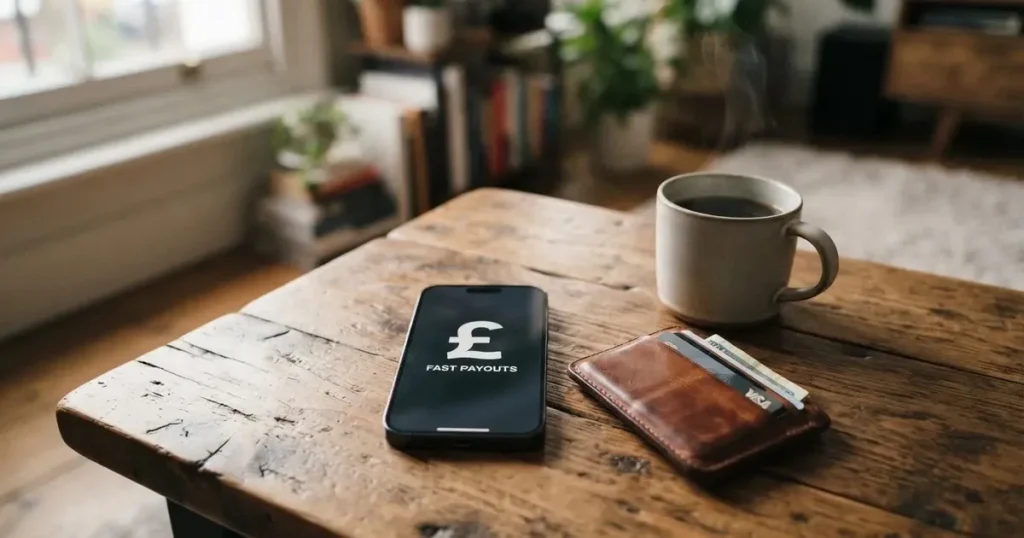 A smartphone on a wooden table beside a wallet and a coffee cup