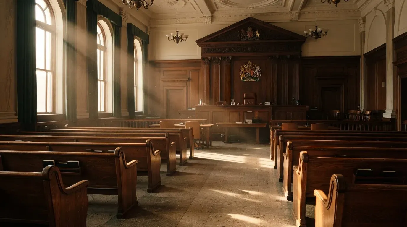 An empty courtroom with wooden benches in morning light