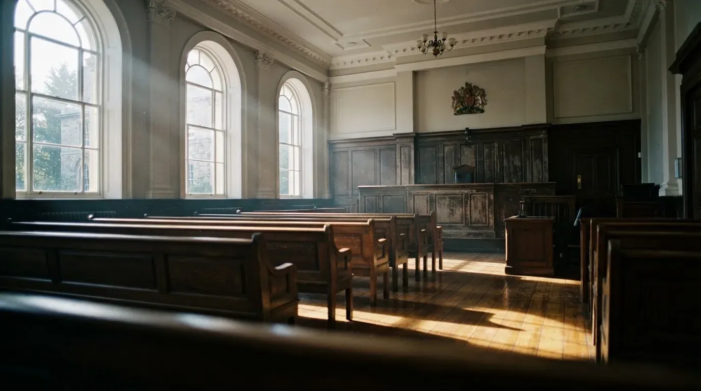 An empty courtroom with wooden benches in morning light