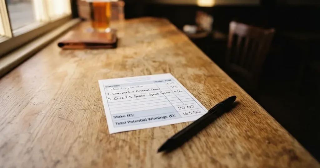 A blank paper betting slip beside a pen on a wooden counter