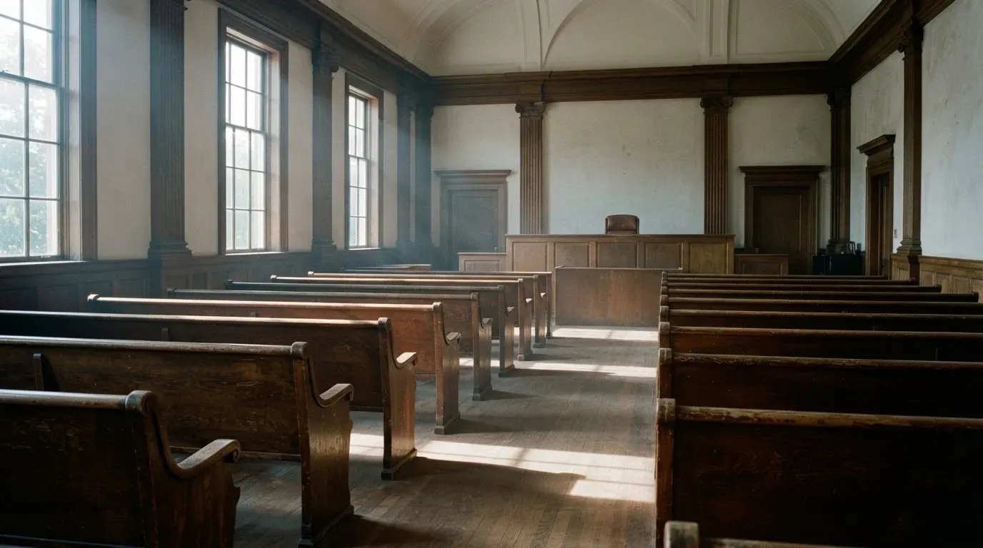 An empty courtroom with wooden benches in morning light