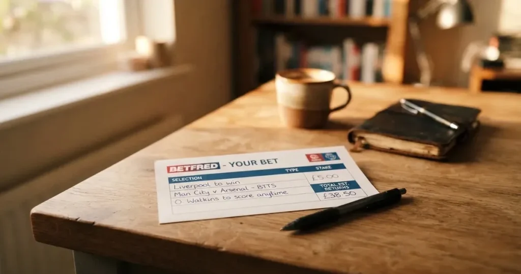 A blank paper betting slip beside a pen on a wooden counter