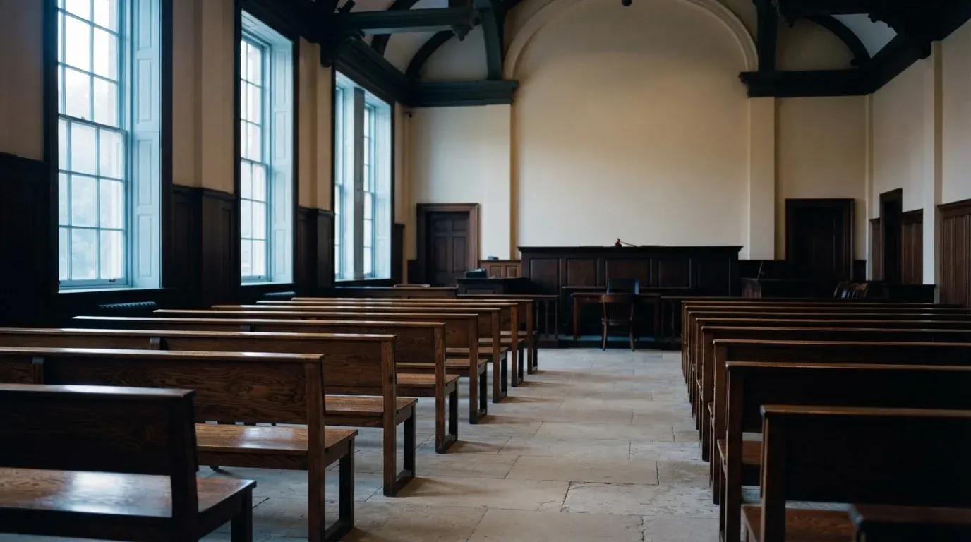 An empty courtroom with wooden benches in morning light