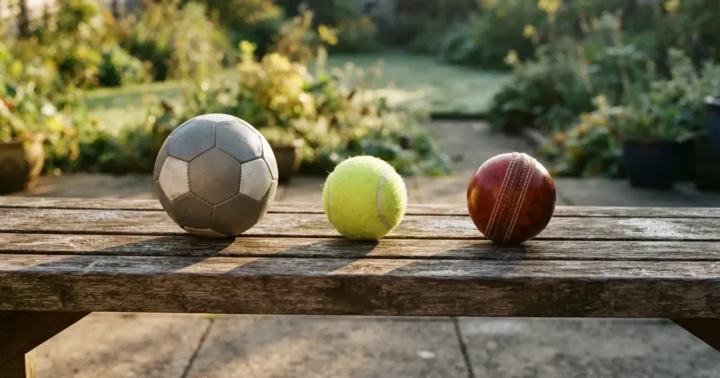 Three balls of different kinds side by side on a wooden bench