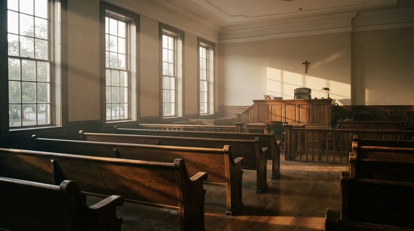 An empty courtroom with wooden benches in morning light