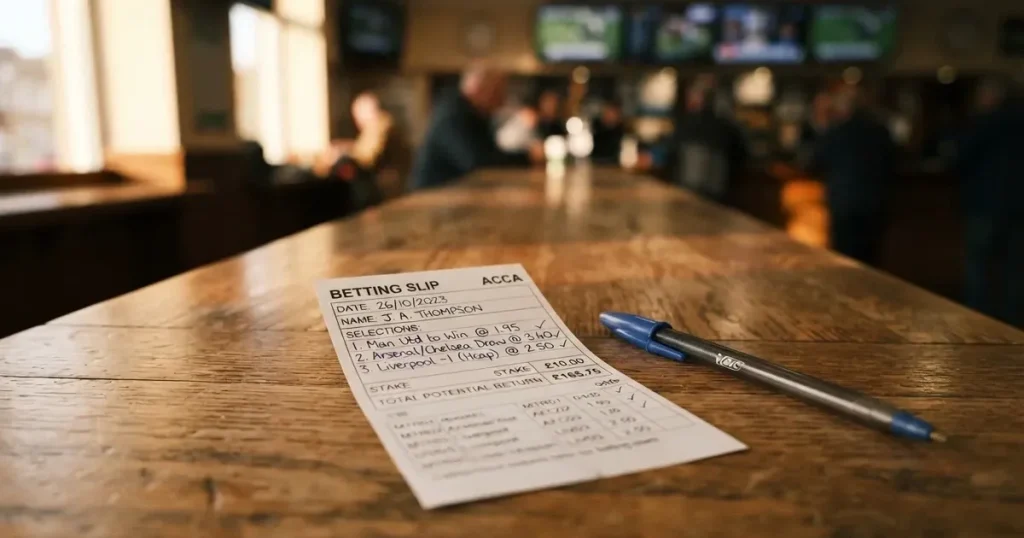 A blank paper betting slip beside a pen on a wooden counter