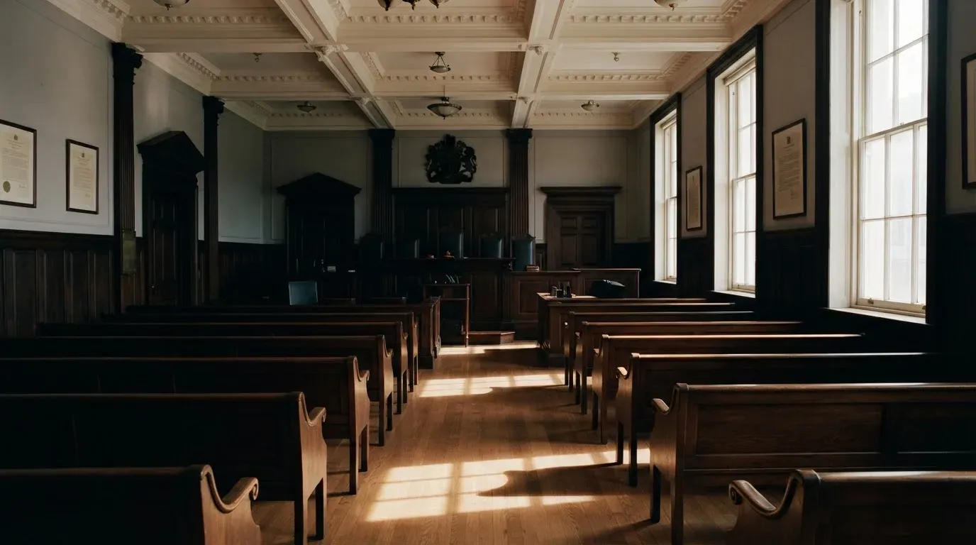 An empty courtroom with wooden benches in morning light