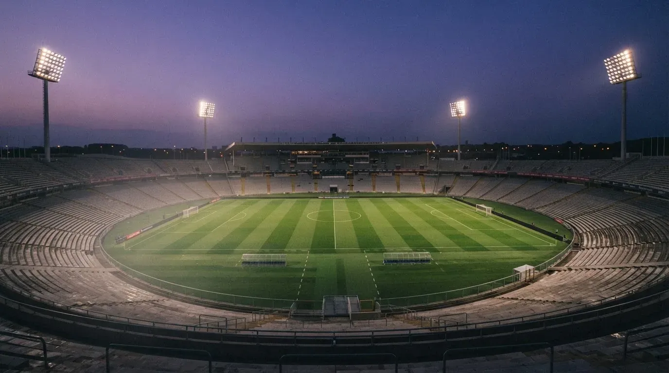 An empty football stadium with floodlight masts at dusk