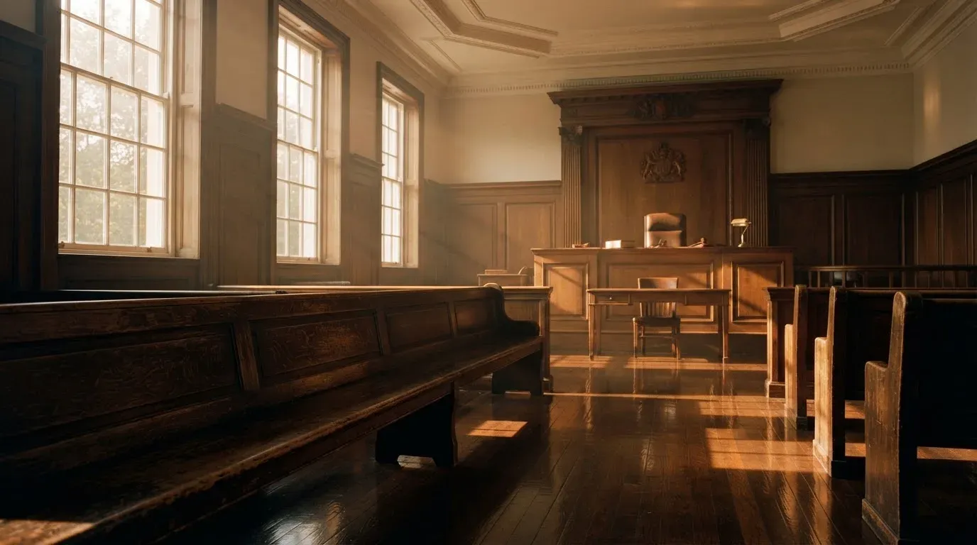 An empty courtroom with wooden benches in morning light