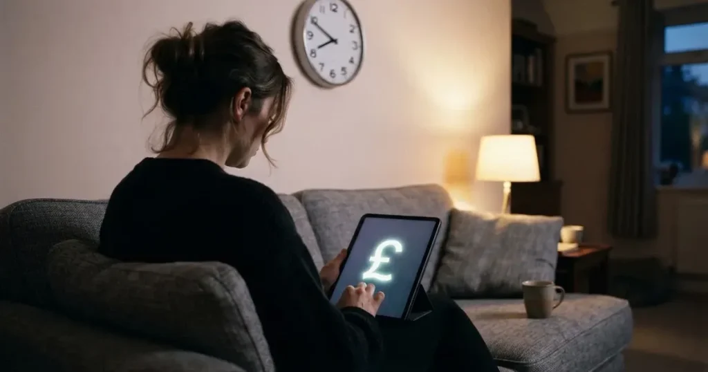 A person on a sofa looking thoughtfully at a tablet, a wall clock in the background