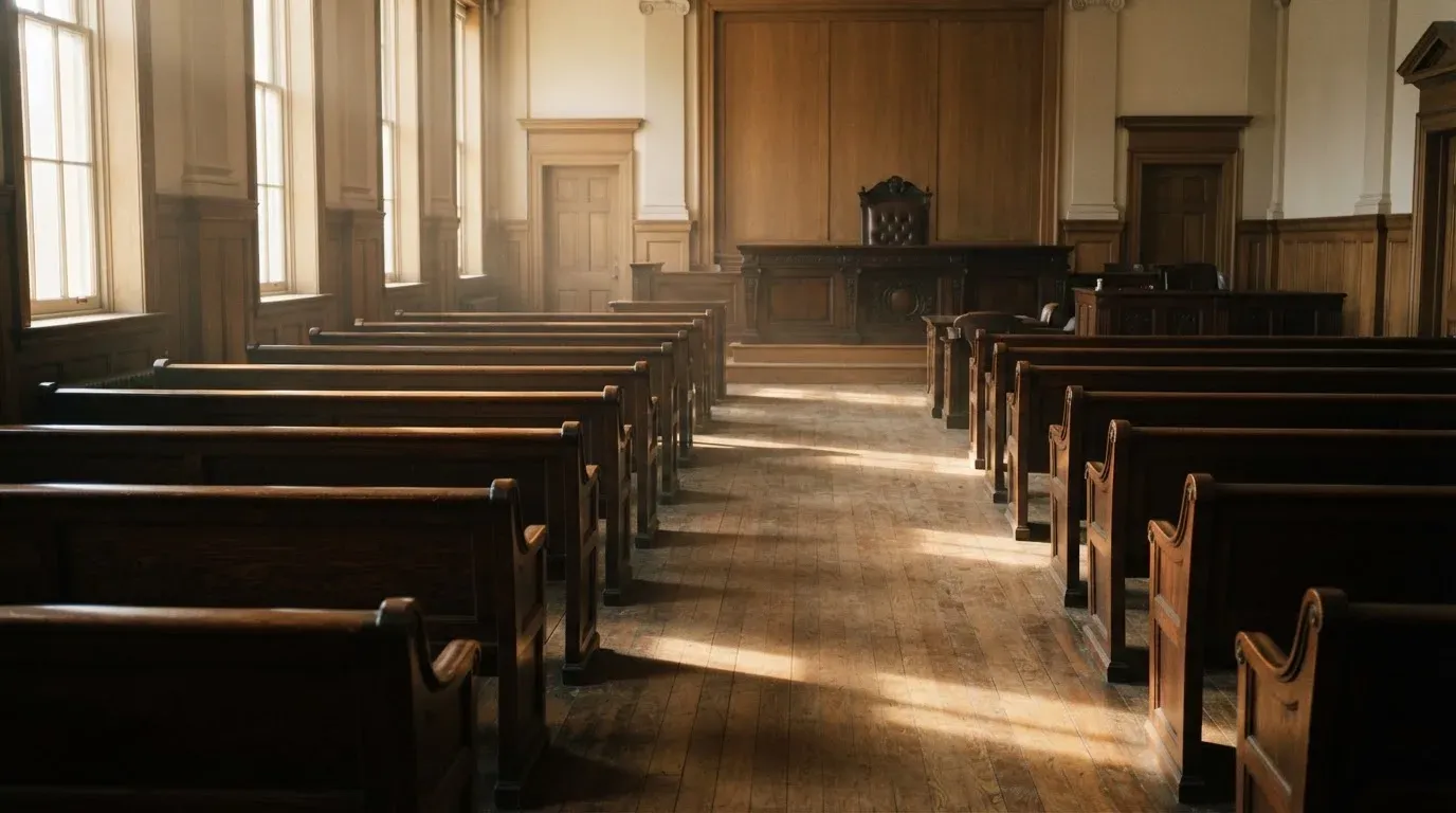 An empty courtroom with wooden benches in morning light