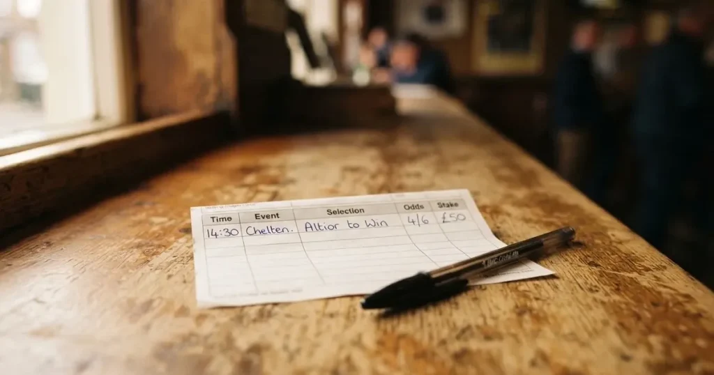 A blank paper betting slip beside a pen on a wooden counter