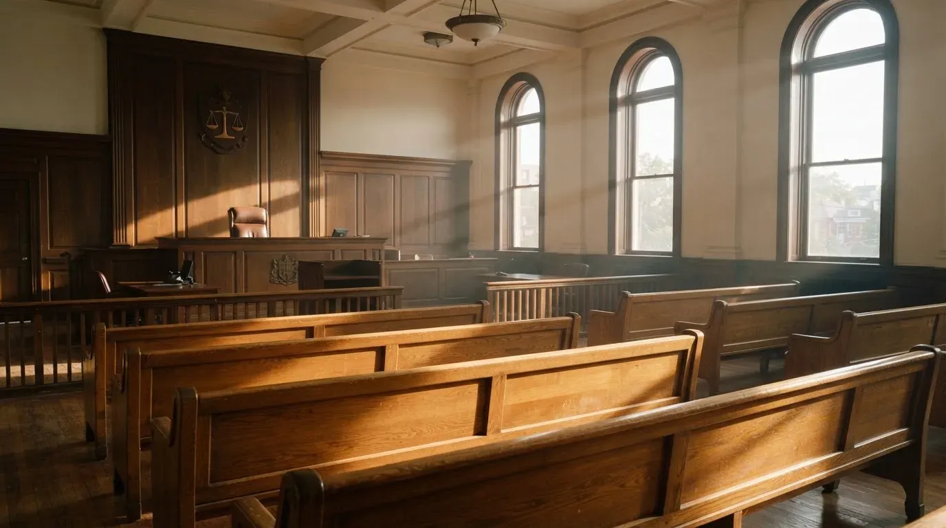 An empty courtroom with wooden benches in morning light